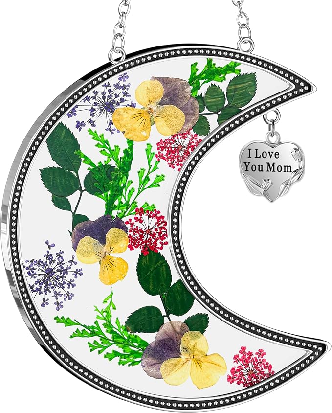 KY&BOSAM Moon Suncatcher Mom Gifts Stained Glass for Window Hangings Wind Chimes Decor with Pressed Real Flower and Metal I Love You Mom Heart Charm Birthday Gift for Women Mother`s Day Christmas