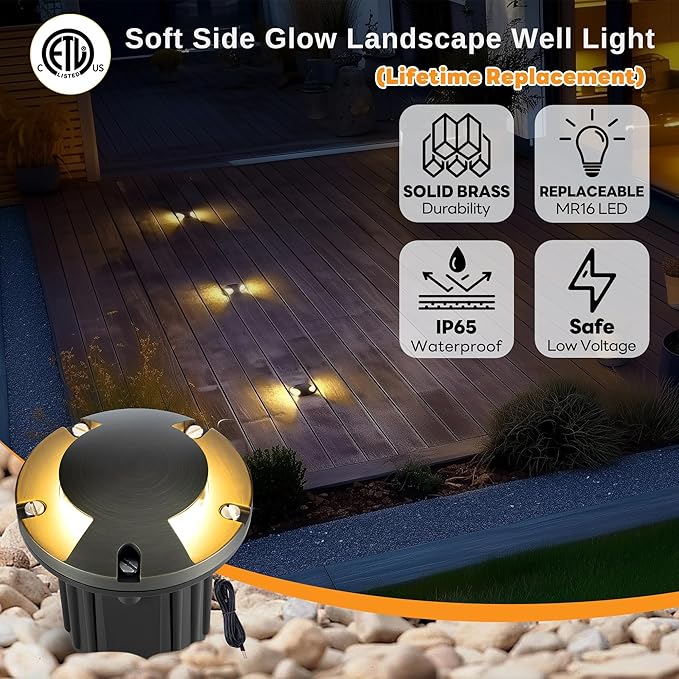 Gardenreet Landscape Well Light - Brass Ip65 Wired Outdoor In-Ground Lighting, Waterproof 12V LED Low Voltage Fixture, Antique Bronze for Lawn Walkway Deck Without MR16 Bulb