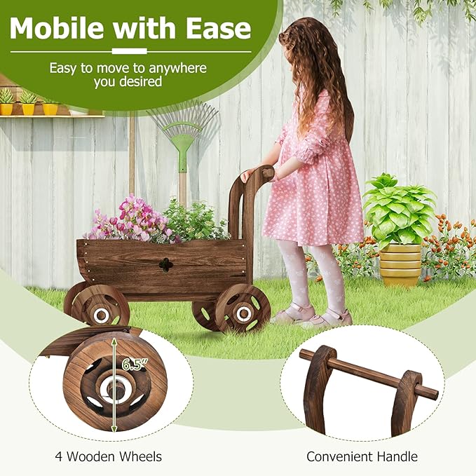S AFSTAR Wooden Wagon Planter Box, Mobile Garden Planter with 4 Wheels, Handle, Drain Hole, Decorative Plant Wagon for Indoor & Outdoor Decor, Decorative Flower Cart for Patio, Garden, Balcony, Brown