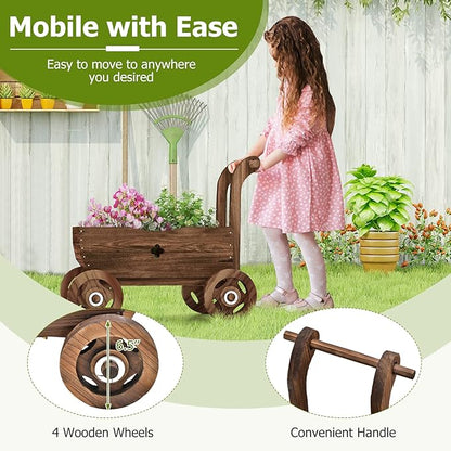 S AFSTAR Wooden Wagon Planter Box, Mobile Garden Planter with 4 Wheels, Handle, Drain Hole, Decorative Plant Wagon for Indoor & Outdoor Decor, Decorative Flower Cart for Patio, Garden, Balcony, Brown