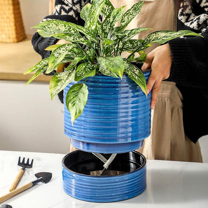 Hasense Large Self Watering Plant Pot, 8 Inch Porcelain Planter with Drainage Hole and Water Storage Plus for Outdoor & Indoor House Plants and Garden, Round Flower Pots for Home or Office Decor, Blue