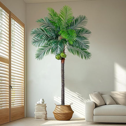 8.2FT Artificial Phoenix Palm Tree with Coconut Fruit Artificial Plants Indoor Outdoor Large Faux Coconut Palm Tree Tropical Fake Palm Plant for Modern Farmhouse Yard Outside Patio Poolside