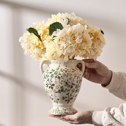 Green and Beige Antique Vase with Handles, Vintage Chinoiserie Floral Vase, Rustic Ceramic Vase for Home Decor, Living Room, Bookshelf, Office, Entryway, Garden, Chinoiserie Decor, Tuscan Decor