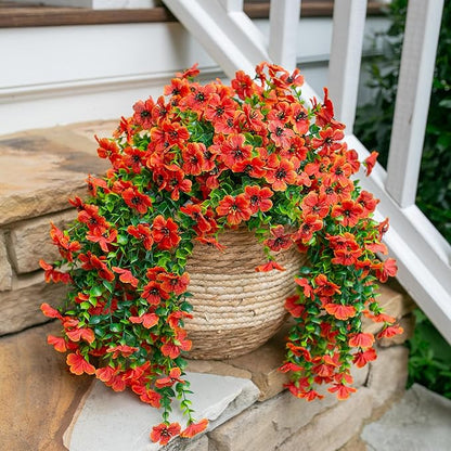 HyeFlora Artificial Fall Flowers for Outdoors Fake Hanging Decoration, 2Pcs Orange Daisy with Autumn Leaves, Realistic Plants Decor, UV & Fading Resistant Silk Flower for Porch Patio Balcony