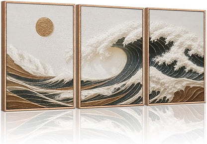 HLNIUC Sea Wave Framed Canvas Wall Art,Abstract Sun Seascape Wall Decor Set of 3(16”x24”) Large Modern Ocean Beach Art Print,Great Wave Sunset Pictures Canvas Painting for Living Room,Bedroom