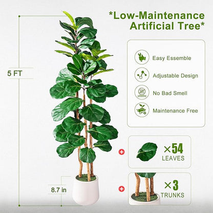 Large Artificial ficus Tree Tall Faux Plastic Plants Flowers Indoor Outdoor Realistic Floor Plant Fake Fiddle Leaf fig Trees for House Home Living Room Office Front Porch Modern Farmhouse Decor
