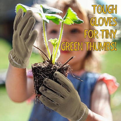 HANDLANDY Kids Genuine Leather Work Gloves for ages 3-11, Children Gardening Gloves for Boys, Girls (Medium (for age5-7), Khaki)