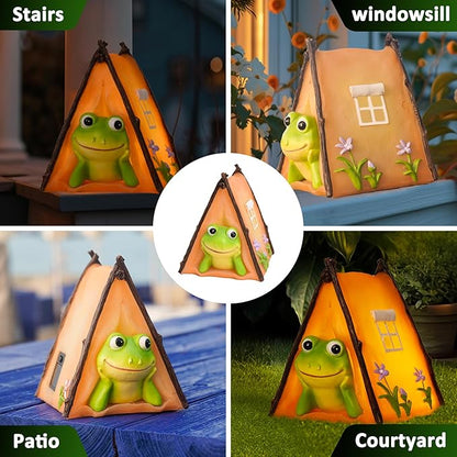 Solar Frog Garden Statues Outdoor Decor, Resin Outdoor Tent Statues with Solar Light , Yard Decorations Outdoor for Patio, Porch, Balcony, Lawn Ornaments, Housewarming Birthday Gifts for Mom Women