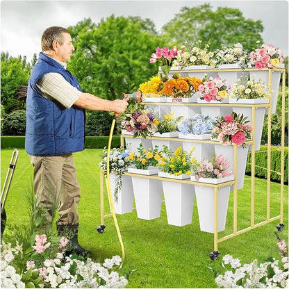 4 Layers Flower Display Stand with Buckets, 16 PCS Buckets Plant Stand with Wheels, Movable Metal Plant Stand for Terrace Garden, Living Room, Florist Shop