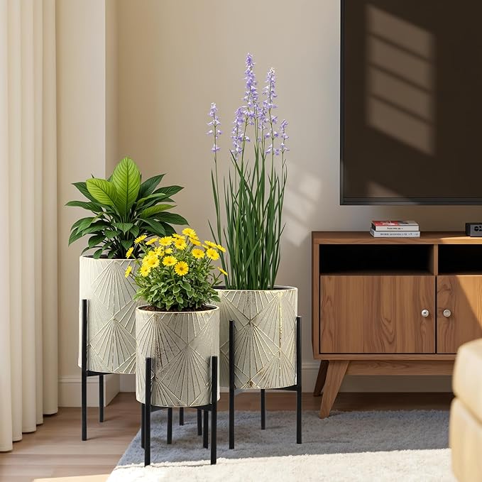LuxenHome Planters for Indoor Plants, Set of 3 Floor Plants Pots with Stands, Modern Decorative Metal Flower Pots, Distressed Gray and Gold Cachepot Planters, 9.5", 11.87", 14" Inch