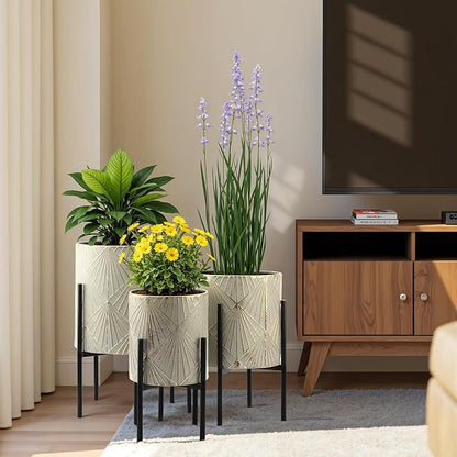 LuxenHome Planters for Indoor Plants, Set of 3 Floor Plants Pots with Stands, Modern Decorative Metal Flower Pots, Distressed Gray and Gold Cachepot Planters, 9.5", 11.87", 14" Inch