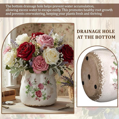 Ceramic Scroll Planter 6.5 Inch Chinoiserie Floral Vase with Drainage Holes Vintage Flower Vase Flower Pot Rustic Ceramic Pots for Indoor Plants Garden Home Bookshelf Decor (Pink Green)