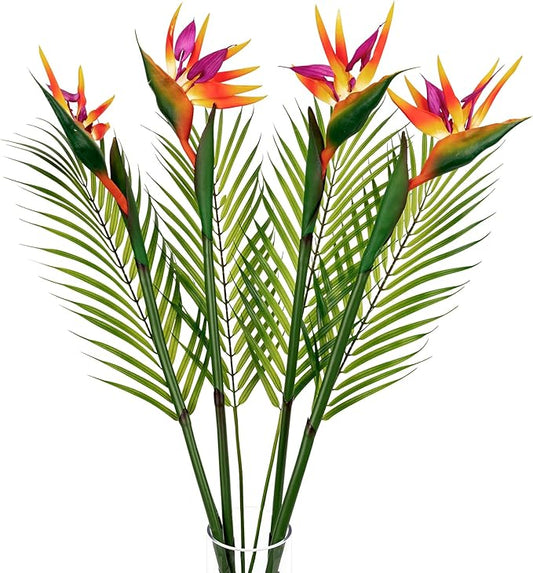 8 PCS Bird of Paradise Artificial Plant Combo Palm Leaves,4 Faux Bird of Paradise Plant with 4 Artificial Palm Leaves for Wedding Garden Office Home Indoor and Outdoor Decor(Orange)