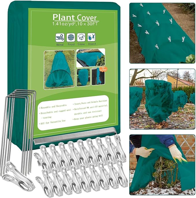 Plant Covers Freeze Protection, 10ft x 30ft 1.41 oz/yd² Frost Cloth Plant Blankets Floating Row Covers with 20 Stainless Steel Clips for Winter Plants Gardens Frost/Sun Pests Protection, Dark Green
