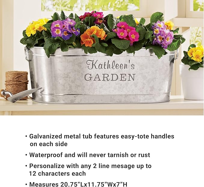 Let's Make Memories Personalized Planter Tub for Mom Grandma Wife - Custom Engraved Decorative Metal Flower Pot - Mothers Day from Family Daughter Son Kids - 5.5 Gallons - Any 2-Line Message w/Stand