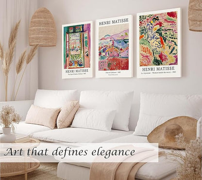 Induslyfe Large Framed Retro Vintage Wall Art Canvas Decor Set of 3, Matisse Wall Art Prints Poster Modern Art, Sage Green Aesthetic Floral Botanical wall art, bedroom living room bathroom 18x24