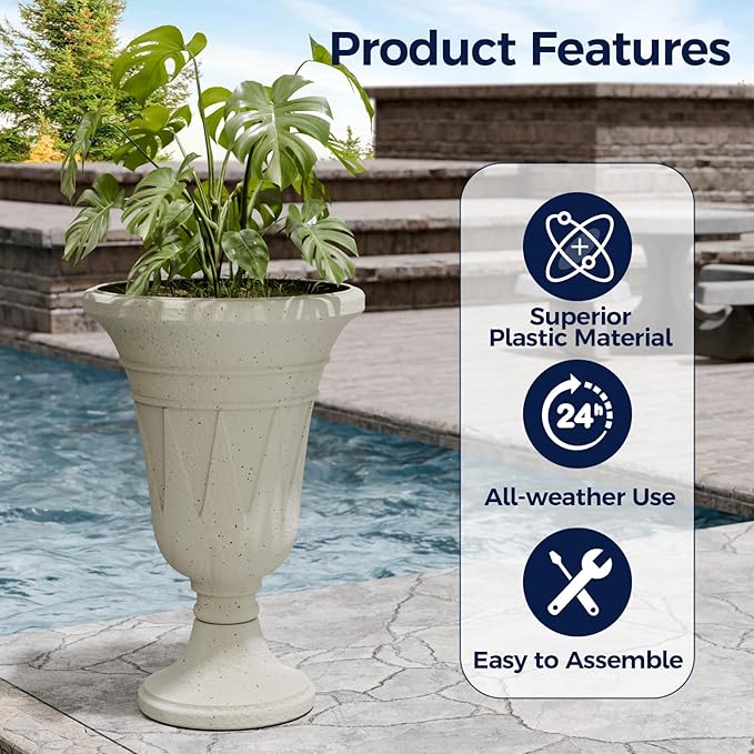 FONTOI 23" Tall Plastic Urn Planter (2-Pack) – Planters for Outdoor Plants with Drainage Holes & Trophy Design, Heavy-Duty Classic Indoor Large Flower Pots for Home Garden, Front Porch & Decor, White