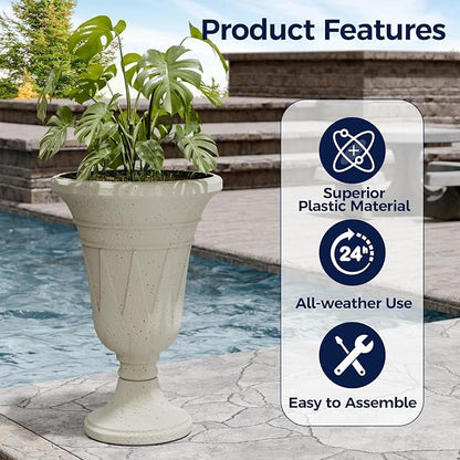 FONTOI 23" Tall Plastic Urn Planter (2-Pack) – Planters for Outdoor Plants with Drainage Holes & Trophy Design, Heavy-Duty Classic Indoor Large Flower Pots for Home Garden, Front Porch & Decor, White