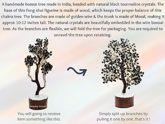 Black Tourmaline Natural Healing Premium Crystal Bonsai Feng Shui Fortune Money Tree of Life for Home Office Decor (Gift Box Ready,10-12 Inch)