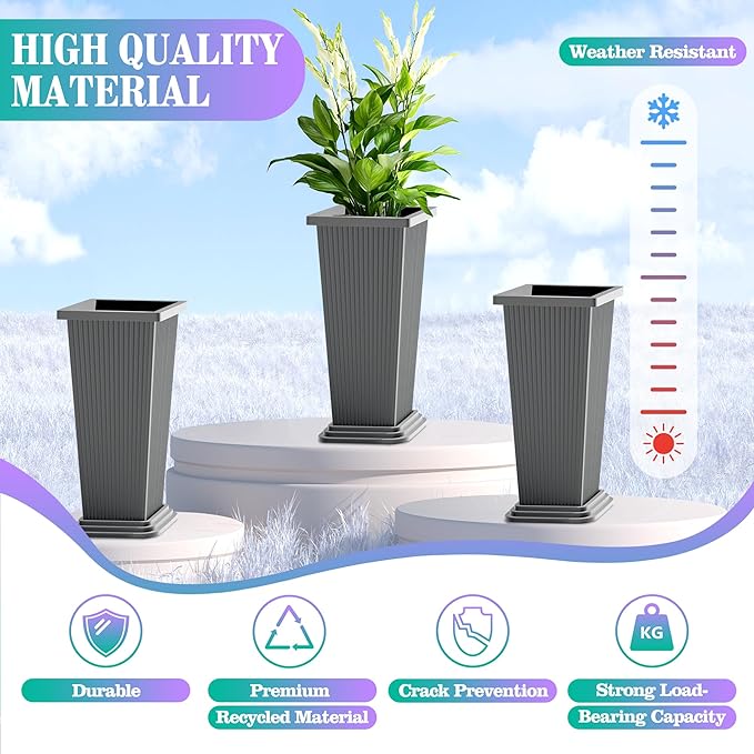 24 Inch Tall Tapered Square Planters (Set of 2) - Indoor Outdoor Large Flower Pots with Built-in Drainage & Matching Water Tray for Patio, Garden, Home - Gray