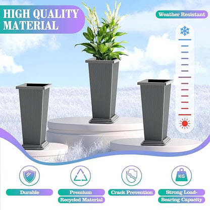 24 Inch Tall Tapered Square Planters (Set of 2) - Indoor Outdoor Large Flower Pots with Built-in Drainage & Matching Water Tray for Patio, Garden, Home - Gray