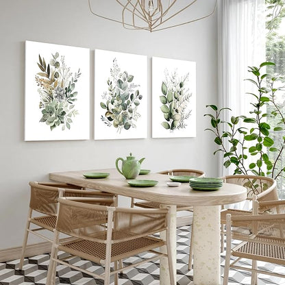 FYLDPSB 3 PCS Unframed Watercolor Floral Canvas Wall Art, Boho Sage Green Wildflower Wall Decor, Modern Flowers and plants Painting Print for Bedroom Living Room Bathroom Decorations 12''L x 16''W