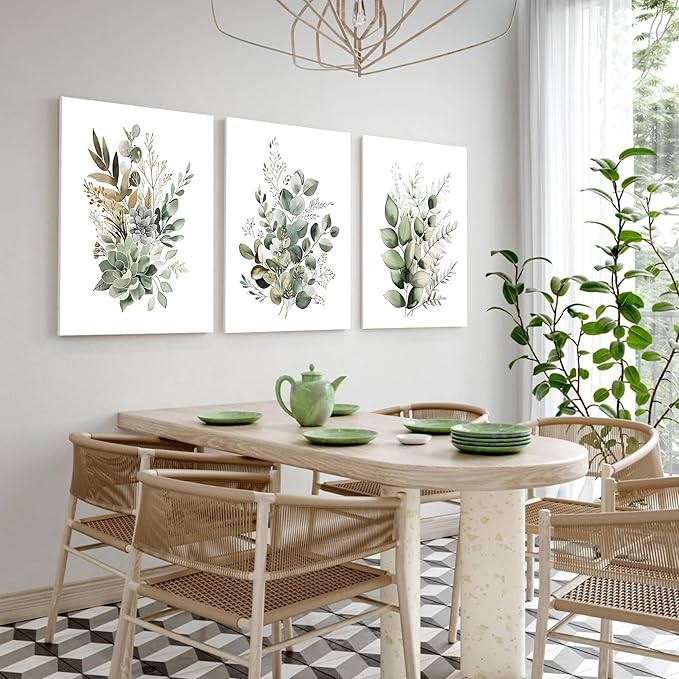 FYLDPSB 3 PCS Unframed Watercolor Floral Canvas Wall Art, Boho Sage Green Wildflower Wall Decor, Modern Flowers and plants Painting Print for Bedroom Living Room Bathroom Decorations 16''L x 24''W