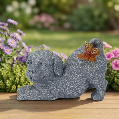 Solar Dog Statue with Butterfly Light, Outdoor Puppy Resin Garden Figurine for Patio Yard Lawn, Pet Memorial Gift for Dog Lovers.