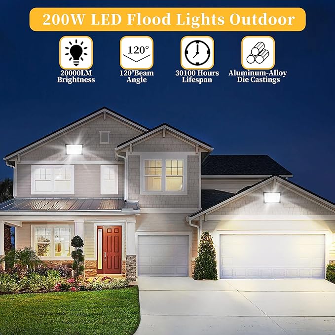 2 Pack 200W LED Flood Lights Outdoor, 25000 LM Super Bright Outdoor Lights, IP66 Waterproof LED Work Light, 6000K Daylight White Floodlights for Stadium Yard Garden Playground