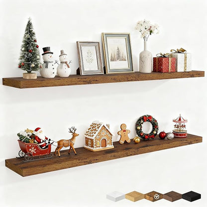 Fun Memories 55 Inch Fireplace Mantel Shelf -Long Floating Shelves, Deep Wall Mounted Farmhouse Display Shelves with Invisible Heavy Duty Metal Bracket, Brown, 2 Pack