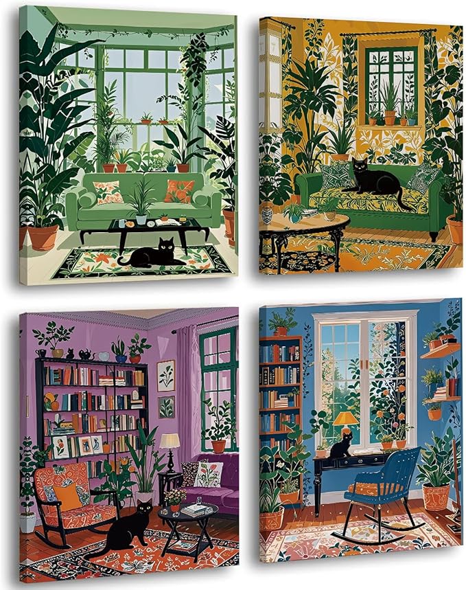 Framed Botanical Garden Living Room Wall Art, Black Cat and Plants Reading Room Home Decor, 4 Piece Canvas Prints 8 x 10 Inch