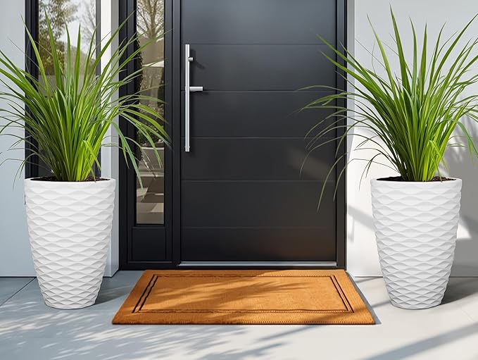 Planters for Indoor/Outdoor Plants (Set of 2), 19in Tall Large Garden Pots, Wavy Matte White Planter, Faux Ceramic Flower Pots, All-Weather Durable HDPE Plastic Plant Pot with Drainge Hole