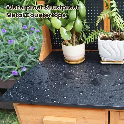 Outdoor Garden Potting Bench, Horticultural Wooden Workstation Table with Storage Drawer, Cabinet, Metal Pegboard, Adjustable Hooks and Shelves for Backyard, Patio, Greenhouse