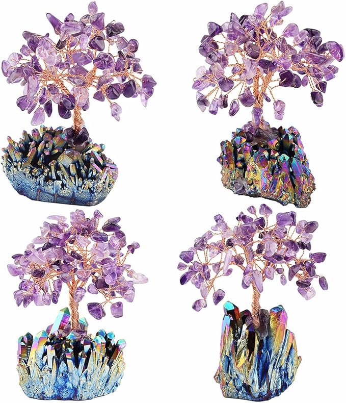 mookaitedecor Amethyst Crystal Tree, Quartz Cluster Rainbow Titanium Crystals Base Bonsai Money Tree for Wealth and Luck