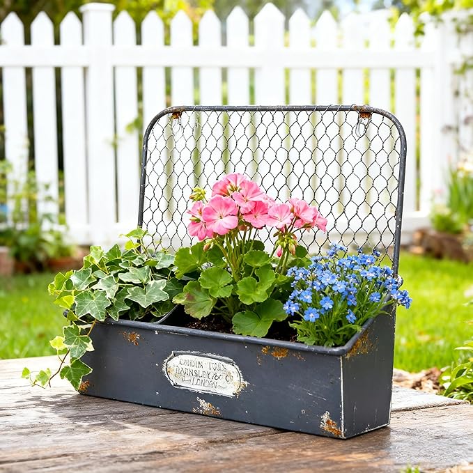 Rustic Metal Wall Mounted Planter Vintage Hanging Flower Pot with 3 Compartments Farmhouse Plants Holder Succulents Tubs for Garden Railing Fence Patio Yard Outdoor Decor