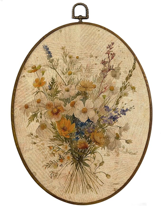 MAQIKA Bohemian White Flower Oval Framed Wall Art Decor, Botanical Wall Art, Floral Bouquet Oval Wall Hanging Decor, Vintage Wildflower Canvas Prints Wall Art for Nursery Room Bedroom, 8.7x11.3 Inch
