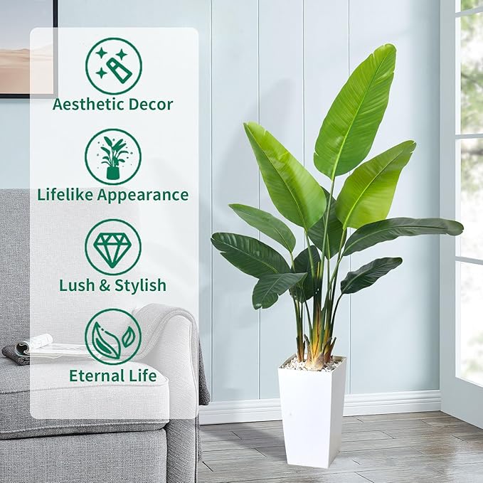 Bird of Paradise Artificial Plant 6FT, Faux Tropical Palm Tree with White Tall Planter, Large Fake Plants in Pot - Artificial Tree for Home Office Living Room Decor Indoor