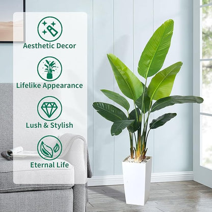 Bird of Paradise Artificial Plant 6FT, Faux Tropical Palm Tree with White Tall Planter, Large Fake Plants in Pot - Artificial Tree for Home Office Living Room Decor Indoor