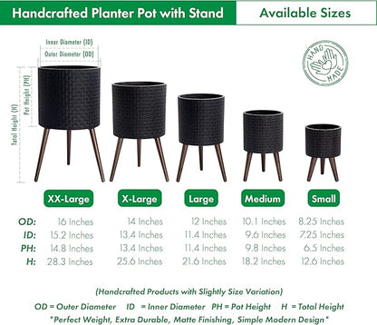 D'vine Dev 16 Inch Modern Geometric Tile Patterned Sleek Planter Pot with Stand, Indoor Outdoor Decorative Plant Holder, Distressed Black, 88-Z-E-5