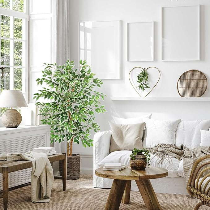 GTIDEA 5ft Ficus Tree Artificial, Tall Fake Tree with Natural Trunk Faux Trees Indoor Silk Ficus Leaves Artificial Trees for Home Decor Indoor Summer Office Living Room Outdoor (Included Dried Moss)