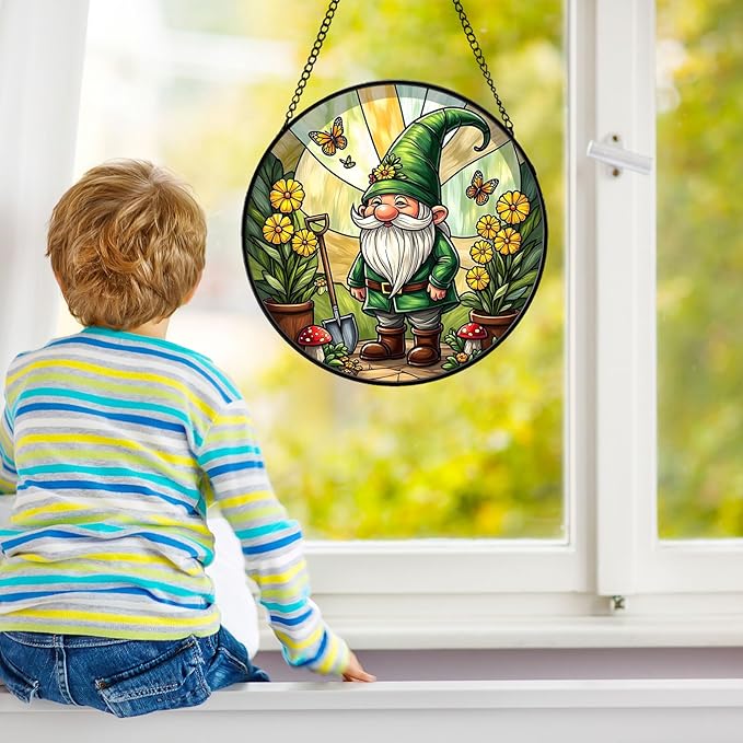 Stained Glass Window Hanging, Gnome in Garden Sun Catcher for Indoor Window Decoration with Flowers & Butterflies, Whimsical Stained Glass Decor Gift for Women and Men G51 (6.3'')