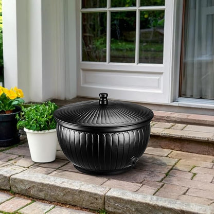 Monarch Abode Garden Hose Holder with Lid – Decorative Water Hose Holders for Outside, Arch Embossed Metal Matte Black Pot with Drainage, 100ft Waterhose Holder for Outside, Garden Storage Caddy