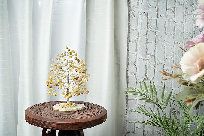 Crocon Yellow Aventurine Gemstone Money Tree Agate Slice Base Feng Shui Figurine Reiki Healing Crystals Chakra Balancing Good Luck Ornament Sculpture Mystical Home Decoration Size: 7"" """