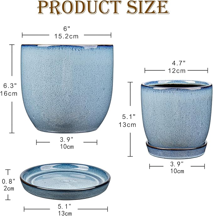 Ceramic Plant Pots 6 Inch + 5 Inch Set of 2, Flower Plants Pot with Drainage Holes and Saucers Tray Blue Planter Garden Pot for Succulent Cactus Home Decoration Gift Indoor Outdoor