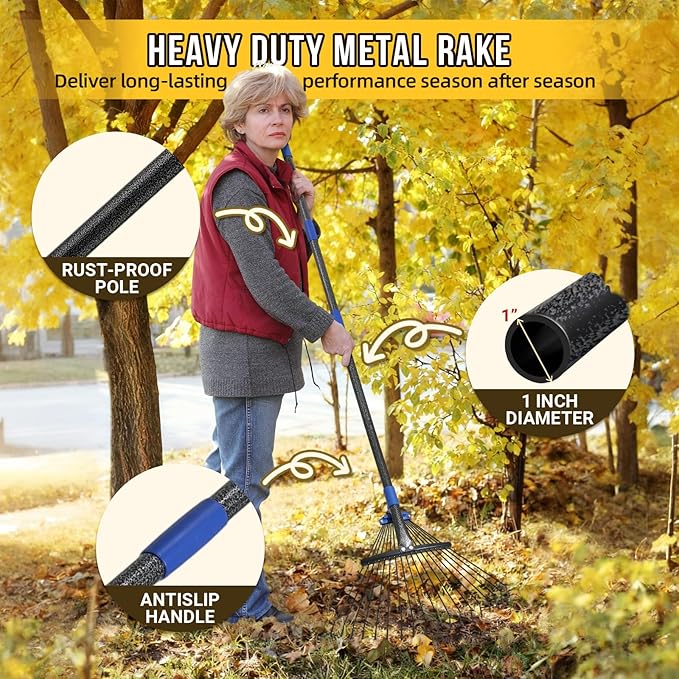 Adjustable Leaf Rake, Heavy Duty Metal Rake for Leaves, Long Handle 30"-75" with Expandable Head 8"-17", Collapsible Small Rakes for Lawns, Gardening, Yard, Camping, Shrub, Grass, Bush, Weed, Debris