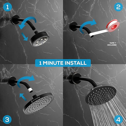 SparkPod Shower Head - High Pressure Rain - Premium Quality Luxury Design - 1-Min Install - Easy Clean Adjustable Replacement for Your Bathroom Shower Heads (Midnight Black Matte, 8 Inch Round)