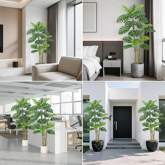 6FT Artificial Monstera Plant - Realistic Fake Tropical Palm Tree for Home Decor - Large Faux Monstera Deliciosa with Bendable Stems & Ceramic Pot - Indoor Outdoor UV Resistant