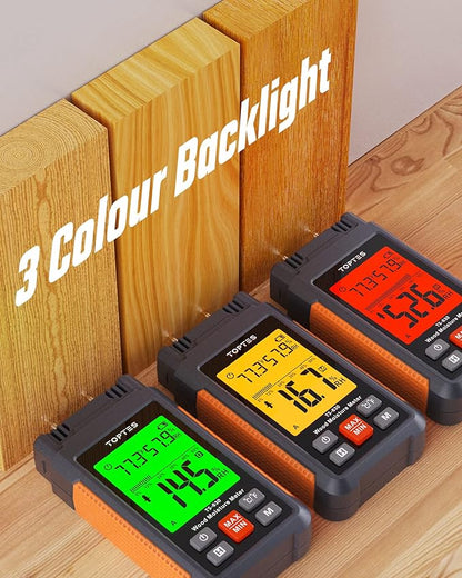 Wood Moisture Meter, TopTes Digital Moisture Meter TS-630, Handheld Humidity Tester with 2.25-inch LCD Display, Tricolor Backlight, Check The Dampness Level on Firewood/Drywall - Orange
