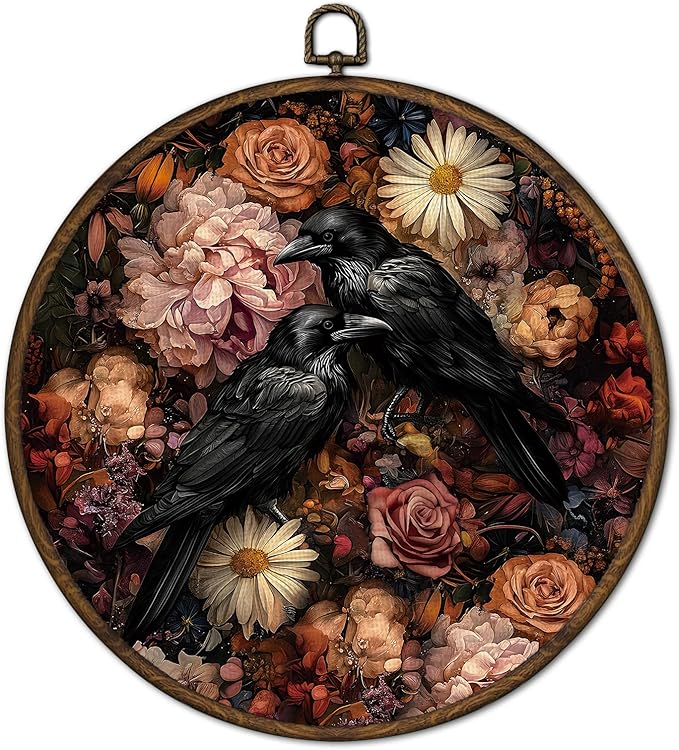 cvjutf Vintage Dark Raven Wall Art Decor Framed, Gothic Black Crow Floral Round Wall Decor, Witchy Raven Botanical Canvas Prints Art for Gallery Bathroom Living Room, 10x10 Inch