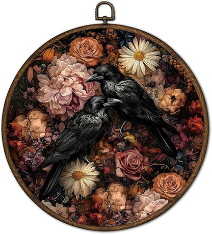 cvjutf Vintage Dark Raven Wall Art Decor Framed, Gothic Black Crow Floral Round Wall Decor, Witchy Raven Botanical Canvas Prints Art for Gallery Bathroom Living Room, 10x10 Inch
